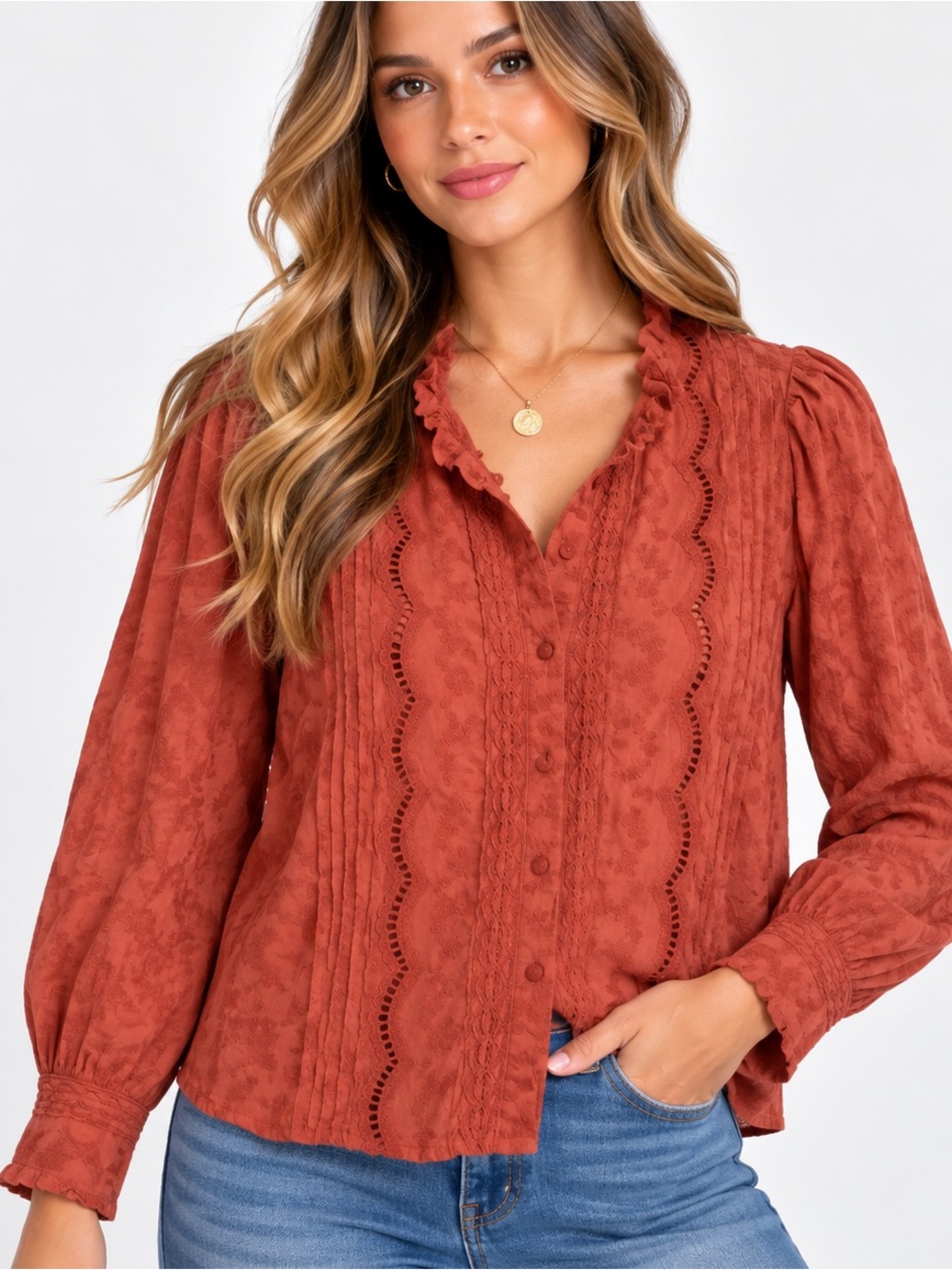 074.New Rust Scallop Lace Button-Front Blouse cotton